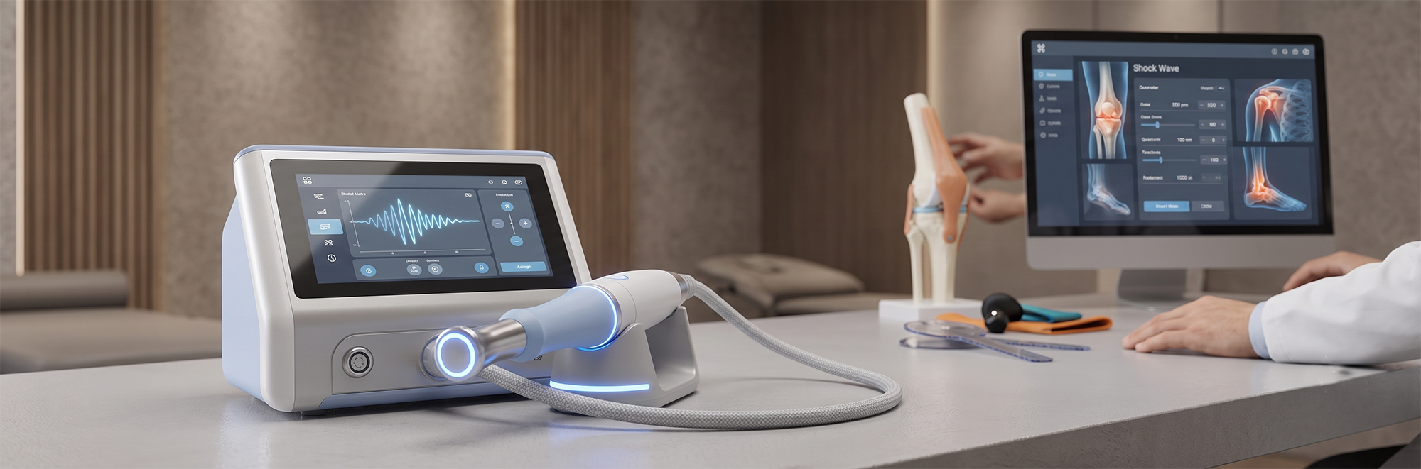 Dispositivo medico per terapia a onde d'urto con manipolo applicatore in primo piano su una scrivania. Centro medico physica Bergamo